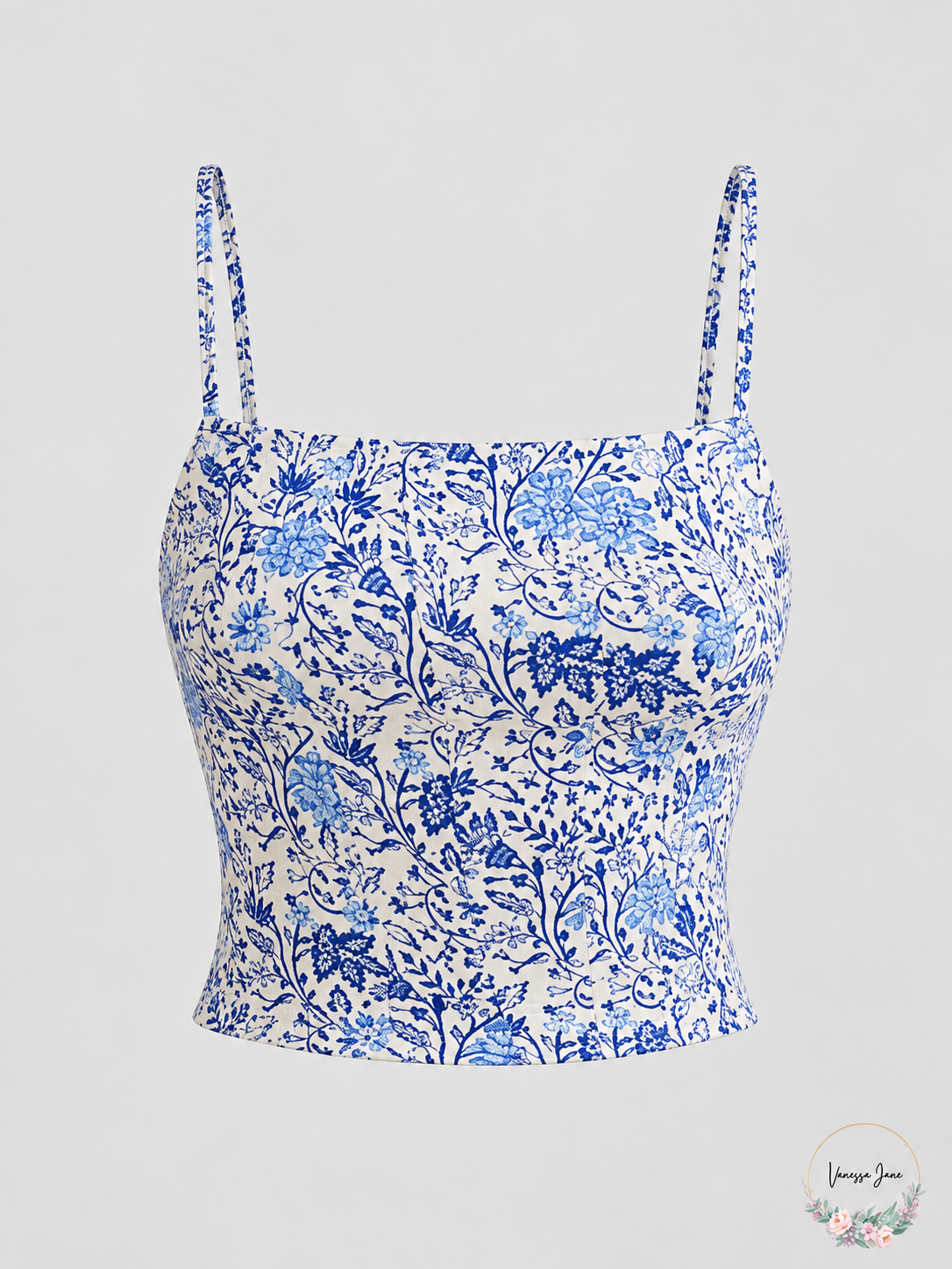 Free People Back on Track Blue Ivory Printed Cropped Cami Top stock photo