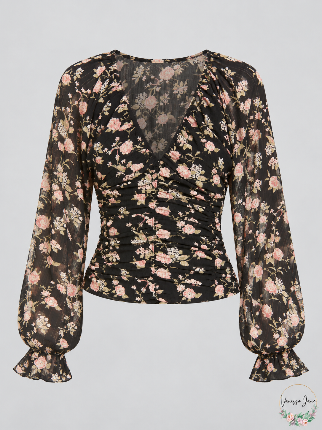 Free People New Final Rose Black Floral Ruched V-Neck Blouse – stock