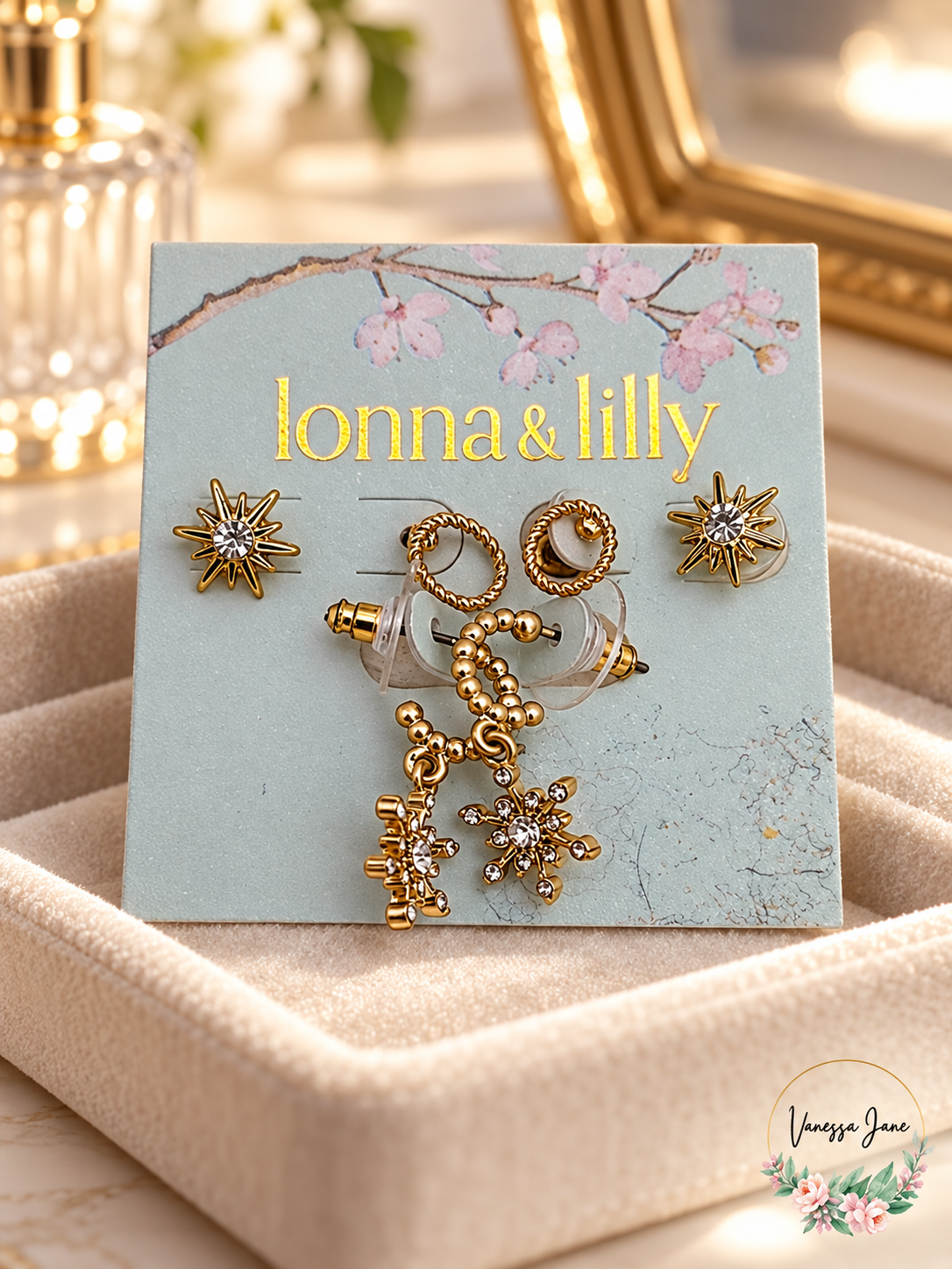 Lonna & Lilly Gold-Tone Crystal Snowflake Stud & Hoop Earring Set lifestyle