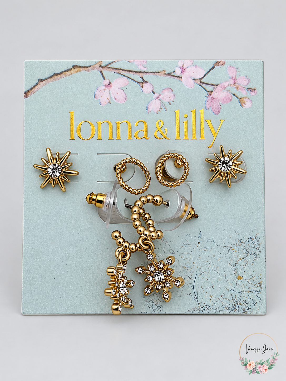 Lonna & Lilly Gold-Tone Crystal Snowflake Stud & Hoop Earring Set stock