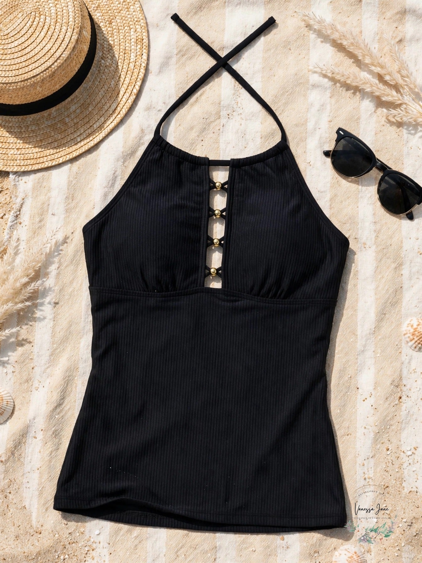 Salt + Cove Juniors Cutout Ribbed Halter Tankini Swim Top Black - lifestyle beach flat lay