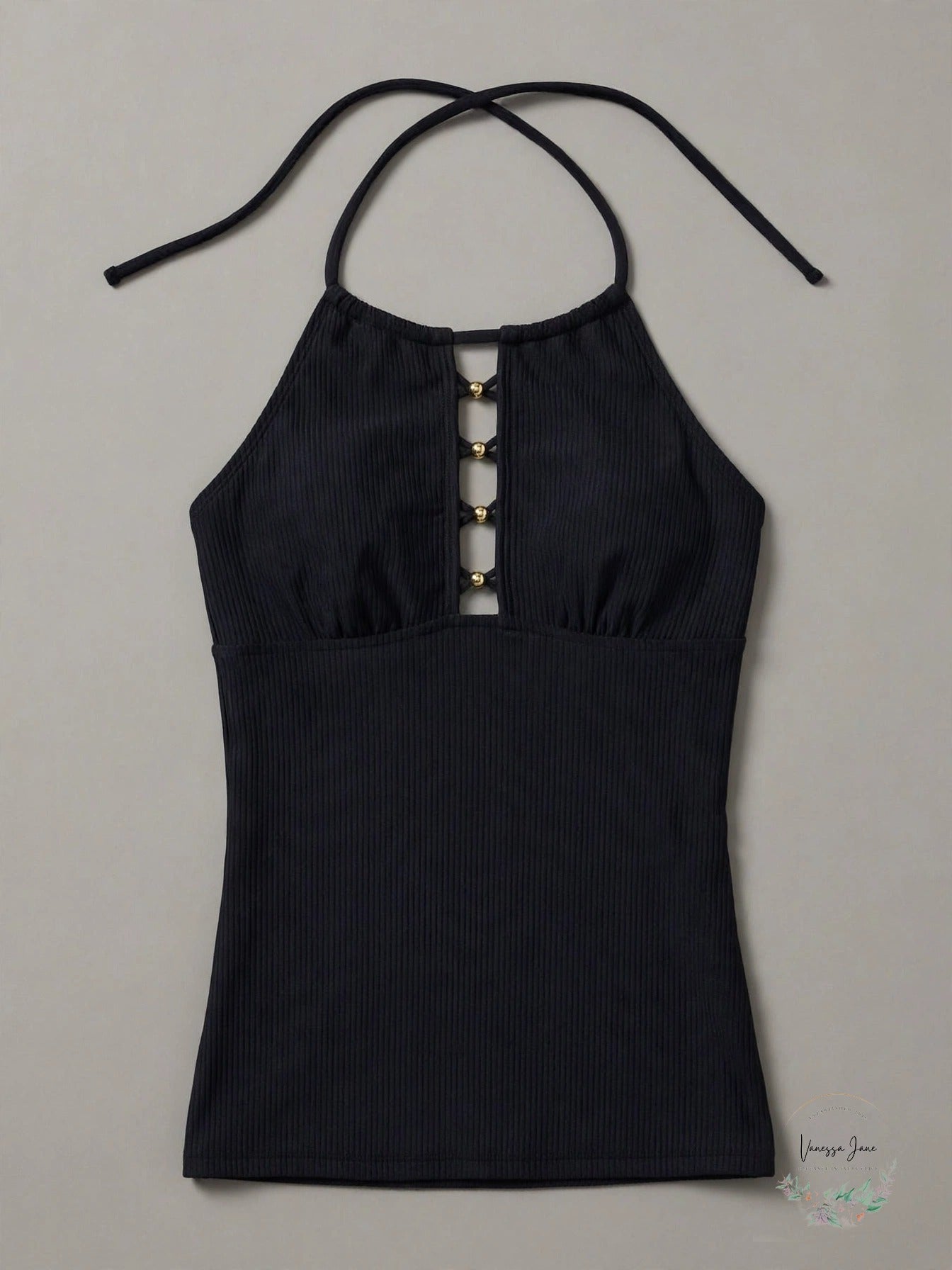 Salt + Cove Juniors Cutout Ribbed Halter Tankini Swim Top Black - stock flat lay