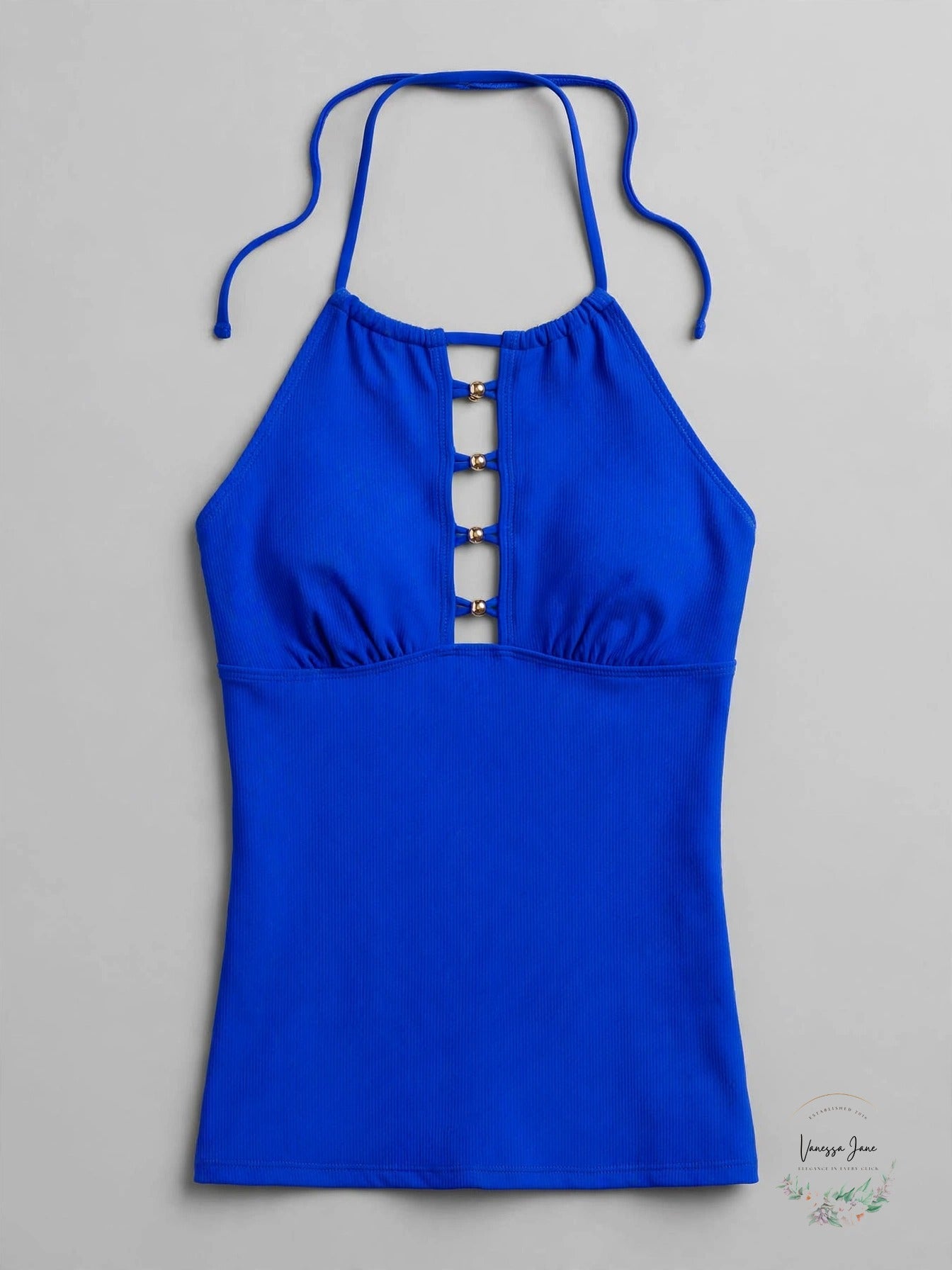 Salt + Cove Juniors Cutout Ribbed Halter Tankini Swim Top Cobalt - stock flat lay