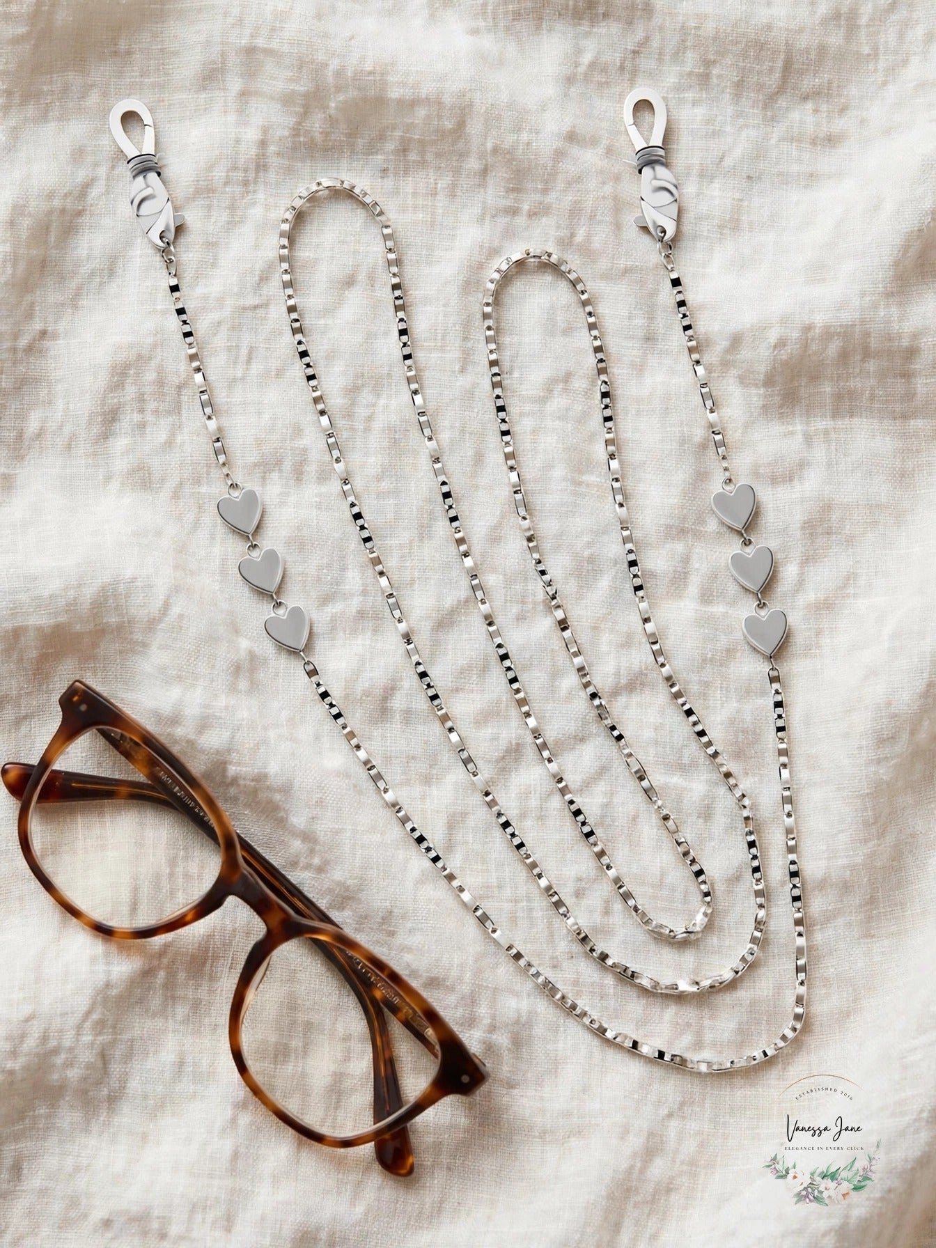 And Now This Mariner Link Heart Glasses Chain Silver - lifestyle flat lay with glasses