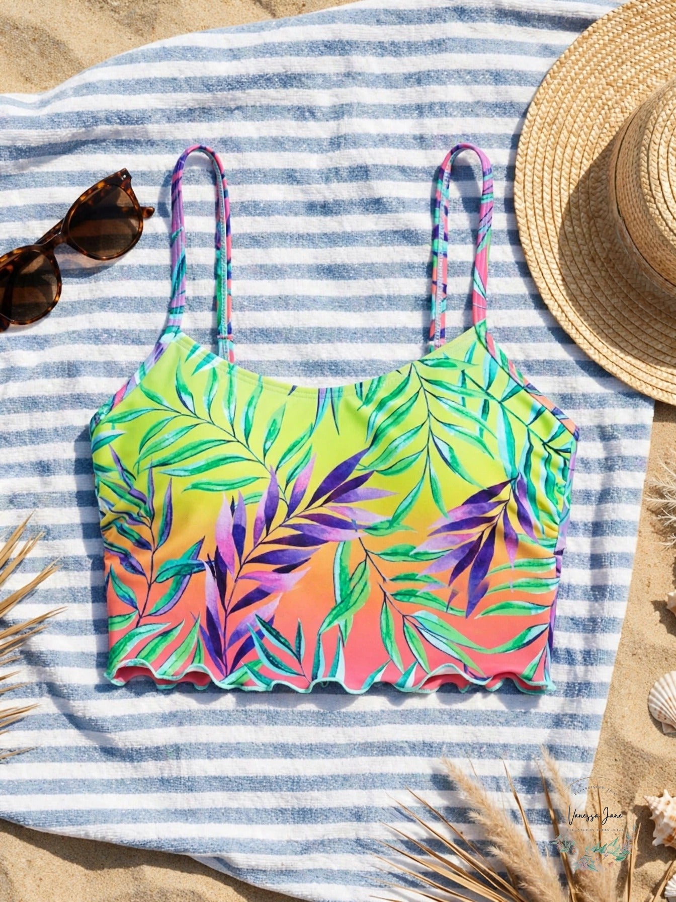 Salt + Cove Printed Underwire Bikini Swim Top Tropical Punch - lifestyle beach flat lay