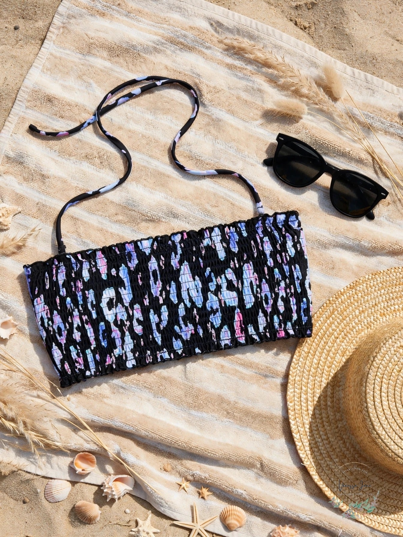 Salt + Cove Cabana Smocked Bandeau Bikini Top Black Leopard - lifestyle beach flat lay