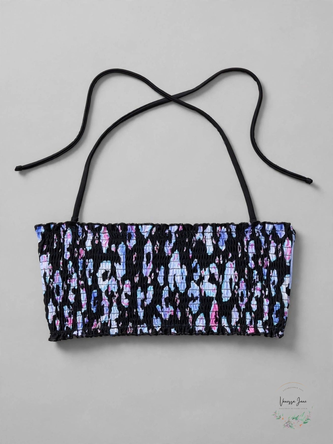 Salt + Cove Cabana Smocked Bandeau Bikini Top Black Leopard - stock flat lay