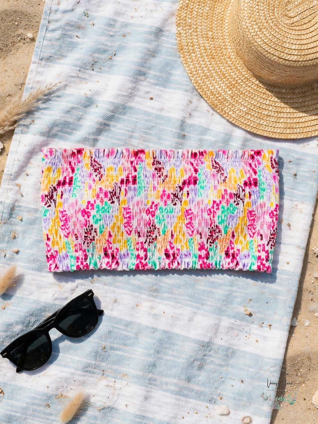 Salt + Cove Cabana Smocked Bandeau Bikini Top Pink - lifestyle beach flat lay