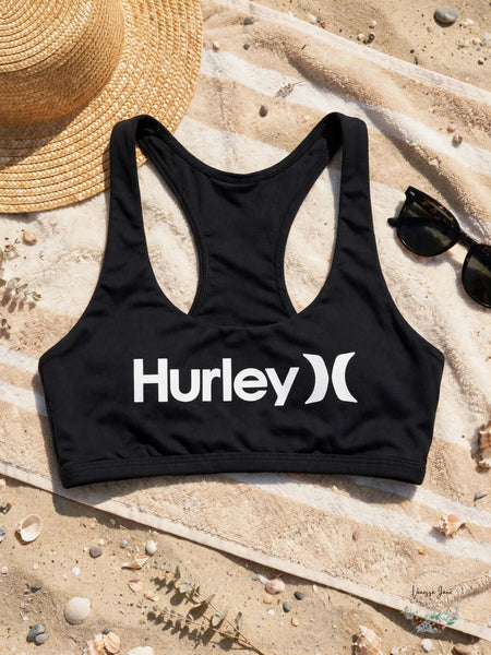Hurley Juniors One and Only Scoop Bikini Top Black - lifestyle beach flat lay