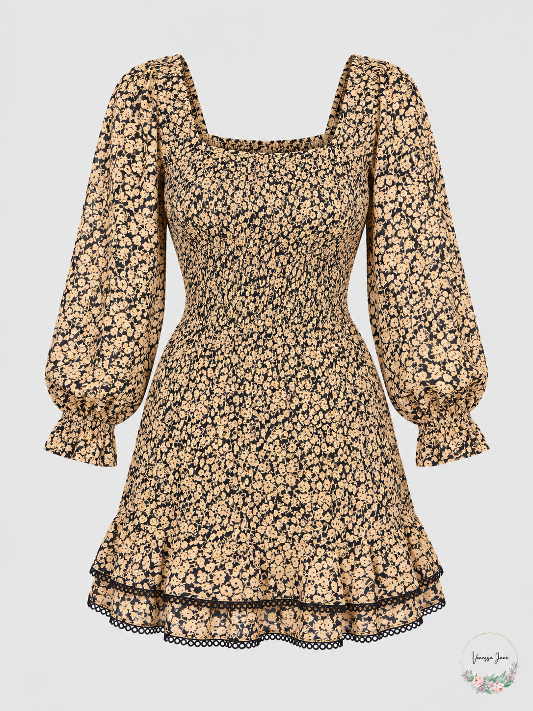 Lost + Wander Golden Hour Floral Smocked Long-Sleeve Mini Dress stock