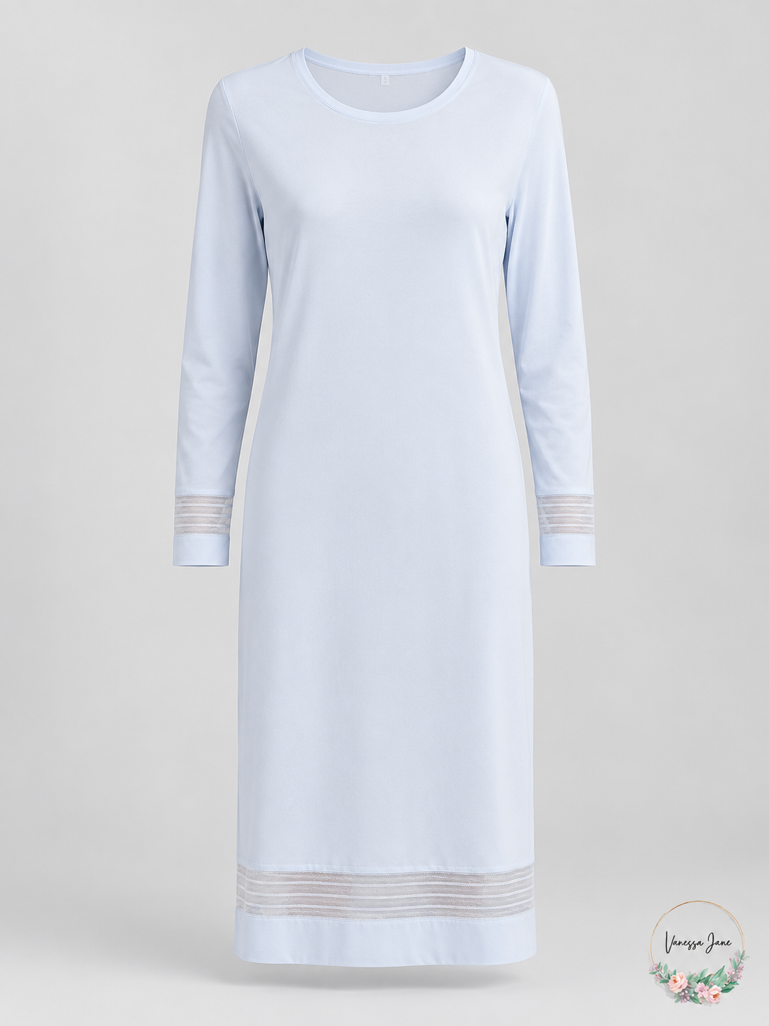 HANRO Ira Pale Blue Long-Sleeve Lace-Trim Nightgown XS stock