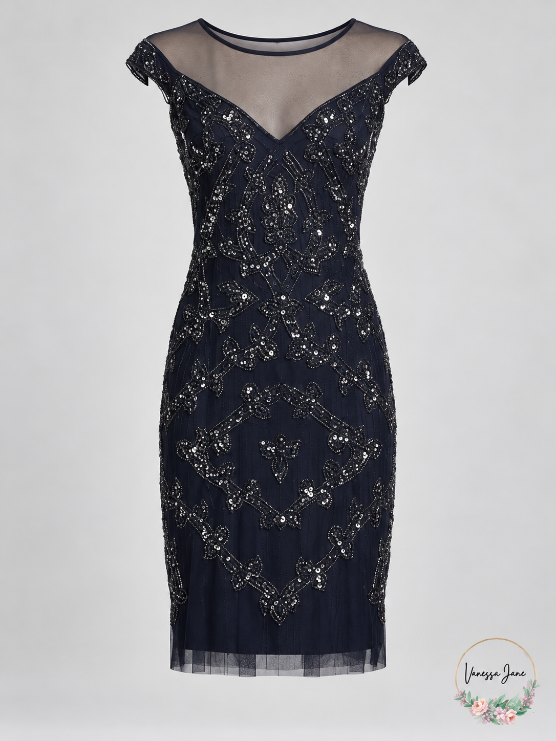 Adrianna Papell Navy Beaded Illusion-Yoke Sheath Dress Size 4 — stock