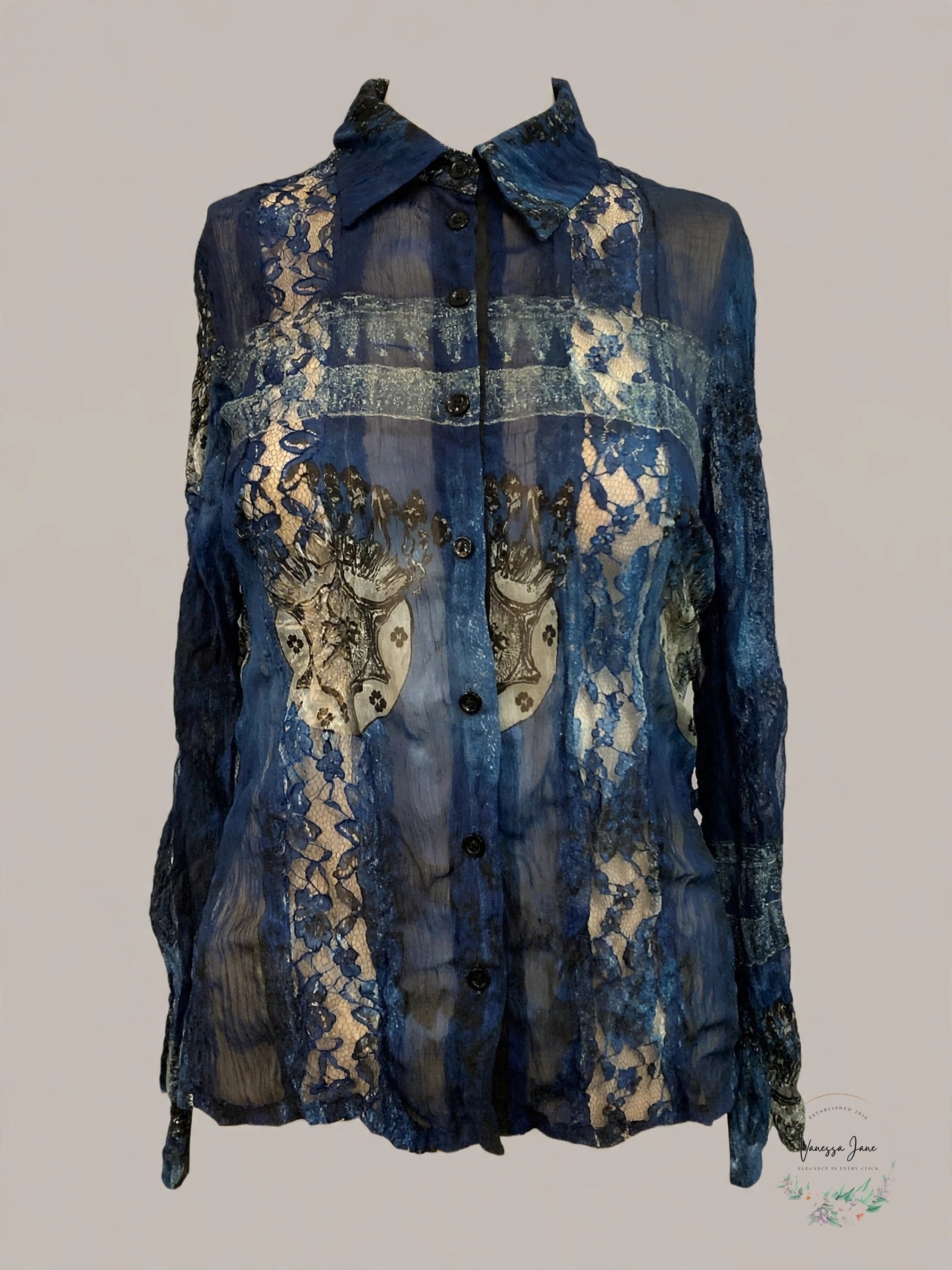 Agora Sheer Lace Embellished Long Sleeve Blouse Navy Blue Size S