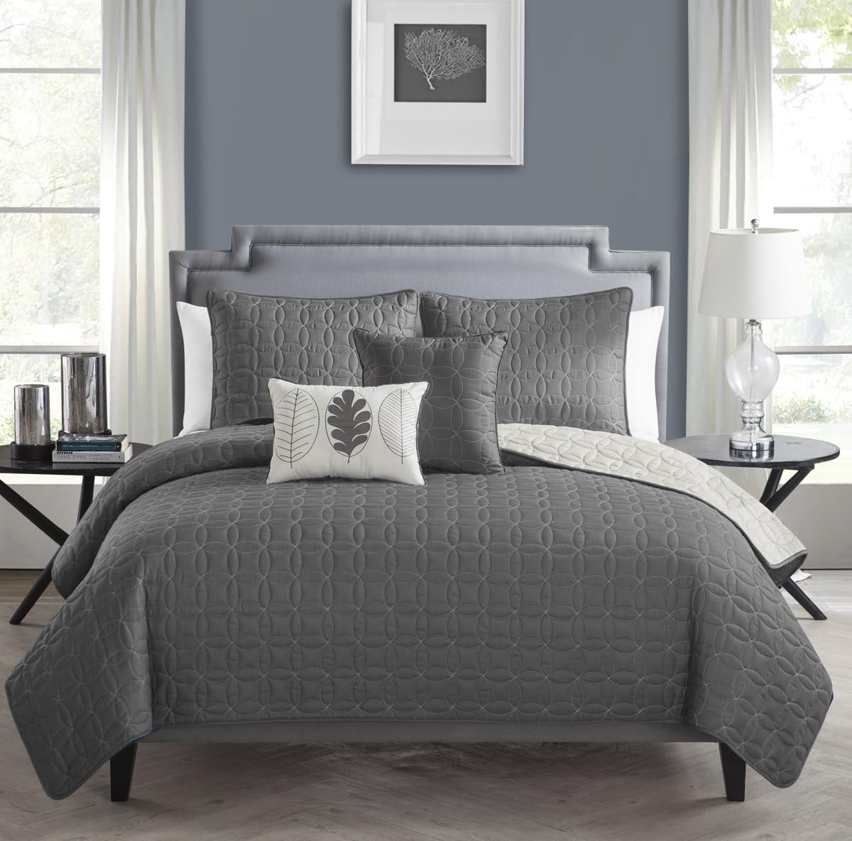 VCNY Home Hayden Solid Reversible Geometric Quilt Set, Queen, Charcoal/Vanilla