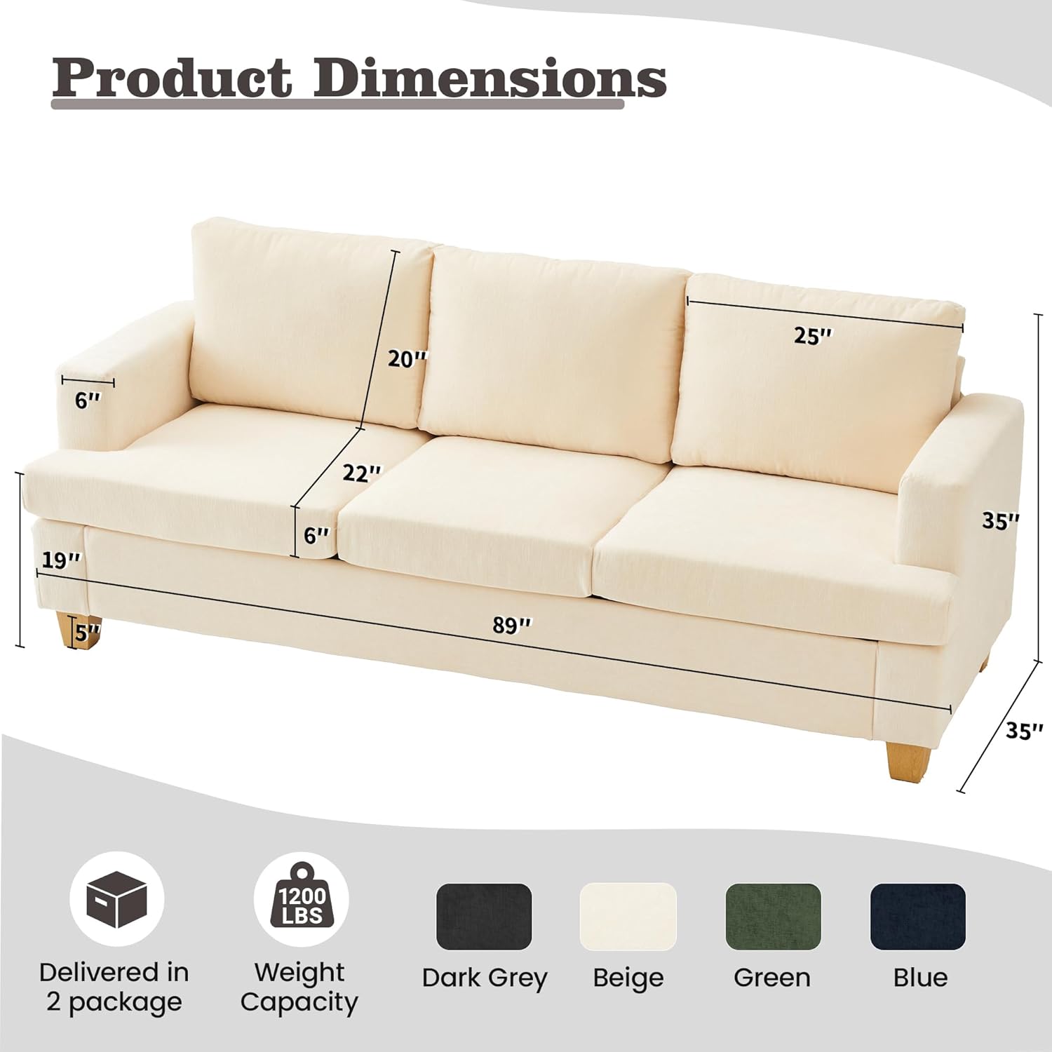 Apicizon 89in 3 Seater Modern Sofa, Chenille Couch for Living Room