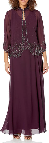 J Kara Womens Plus Size Beaded Long Jacket Dress, Burgundy, 24W