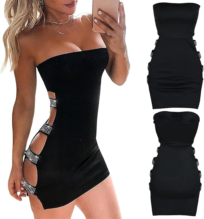 Sleeveless Rhinestone Hollow Pencil Mini Dress, Size M