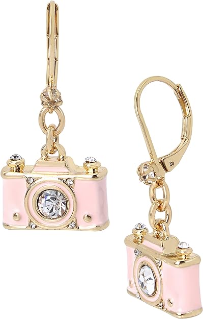 Betsey Johnson Pink Camera Crystal Gold Toned Dangle Earrings
