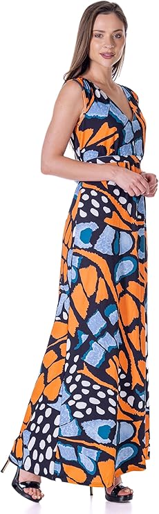 24seven Comfort Womens Orange Butterfly Print V Neck Tie Back Empire Wai