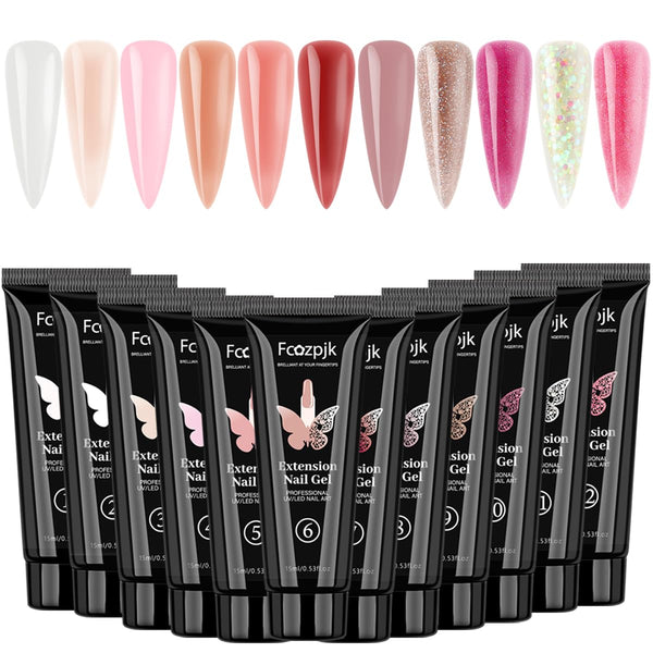Fcozpjk 12 Colors Poly Gel Kit, Clear White Nude Pink Shiny Glitter Builder Gel