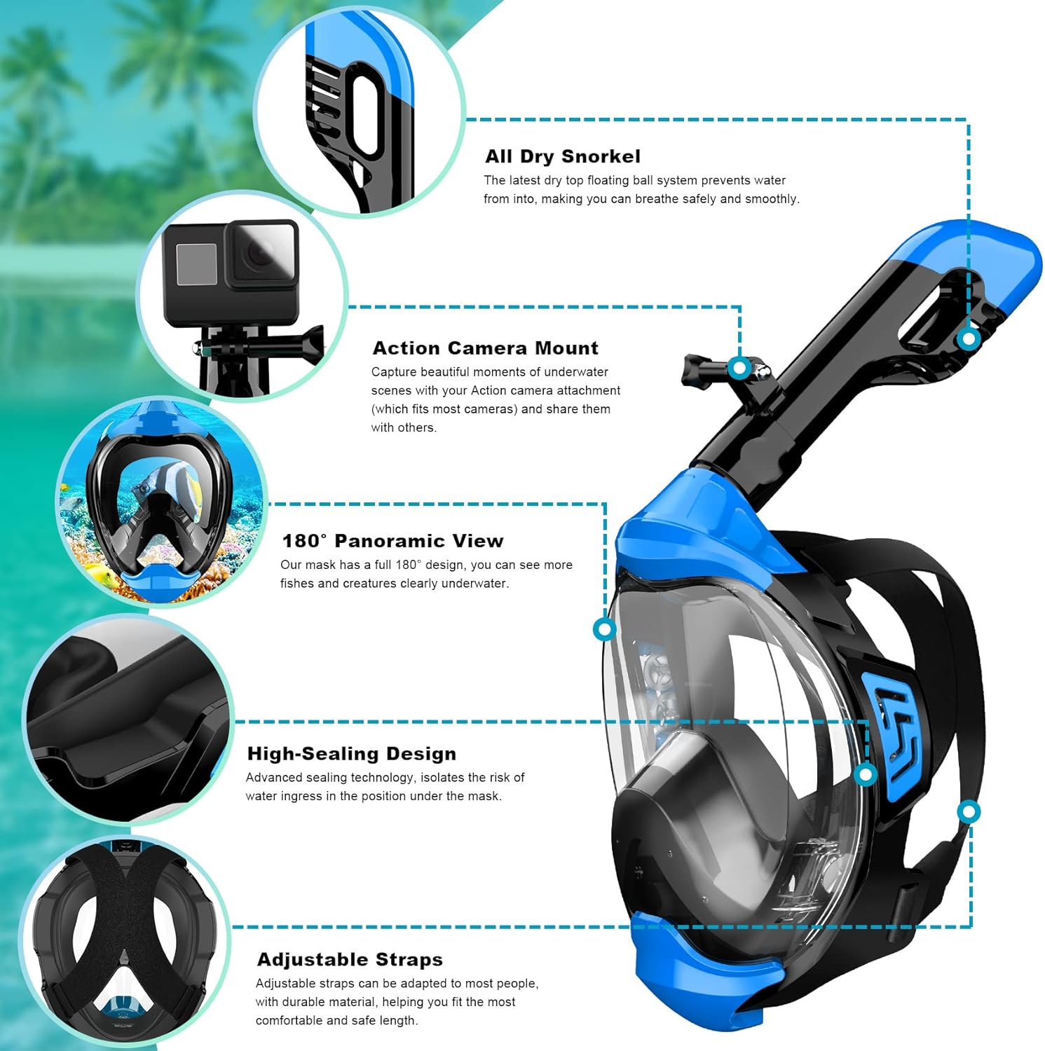 Full Face Snorkel Mask, Snorkeling Gear for Adults Kids with Latest Dry