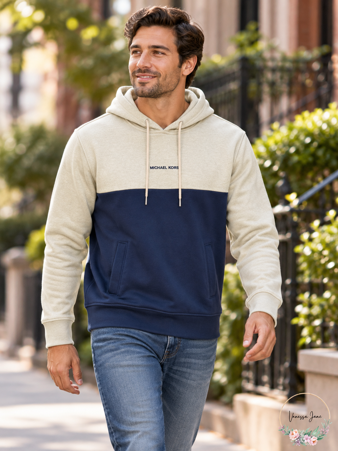 Michael Kors Men's Colorblock Pullover Hoodie, Large, Blue & Tan — lifestyle view