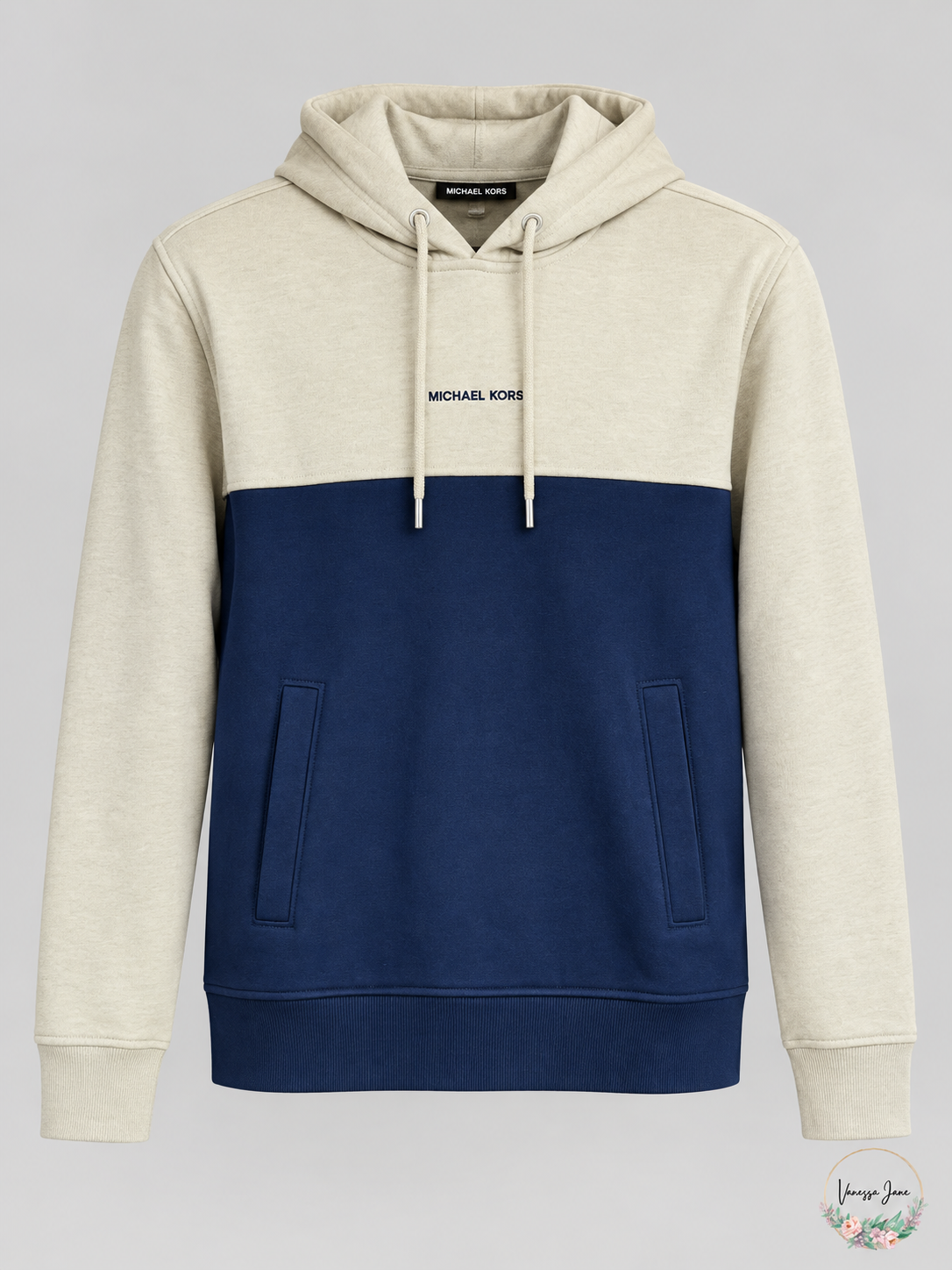 Michael Kors Men's Colorblock Pullover Hoodie, Large, Blue & Tan