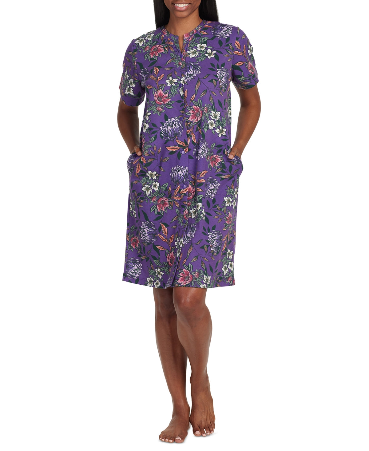 Miss Elaine Womens Floral Short-Sleeve Gripper Robe - Eggplant Multi Floral