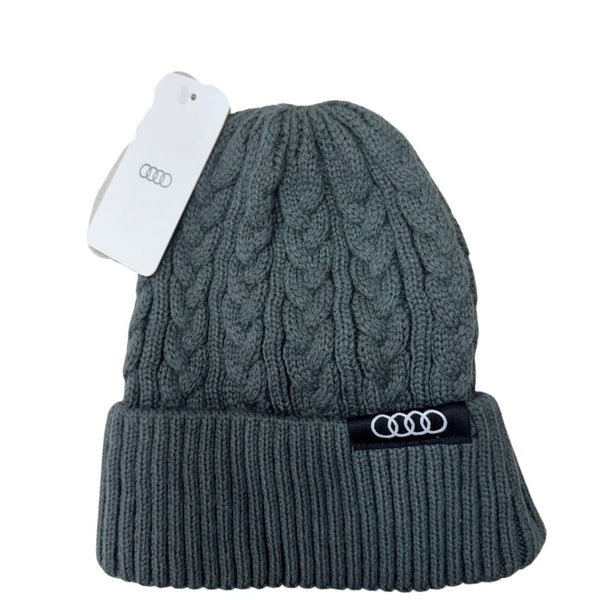 AUDI Beanie Winter Knit Cap Hat Gray Embroidered Rings Logo