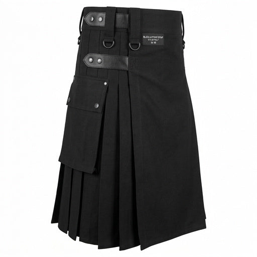Black Leather Strap Utility Kilt For Active Man Kilt Wedding Kilts Black SZ 40