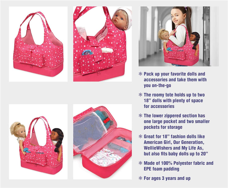 Badger Basket On-The-Go Travel Tote and Storage Bag for 18 inch Dolls - Pink Sta