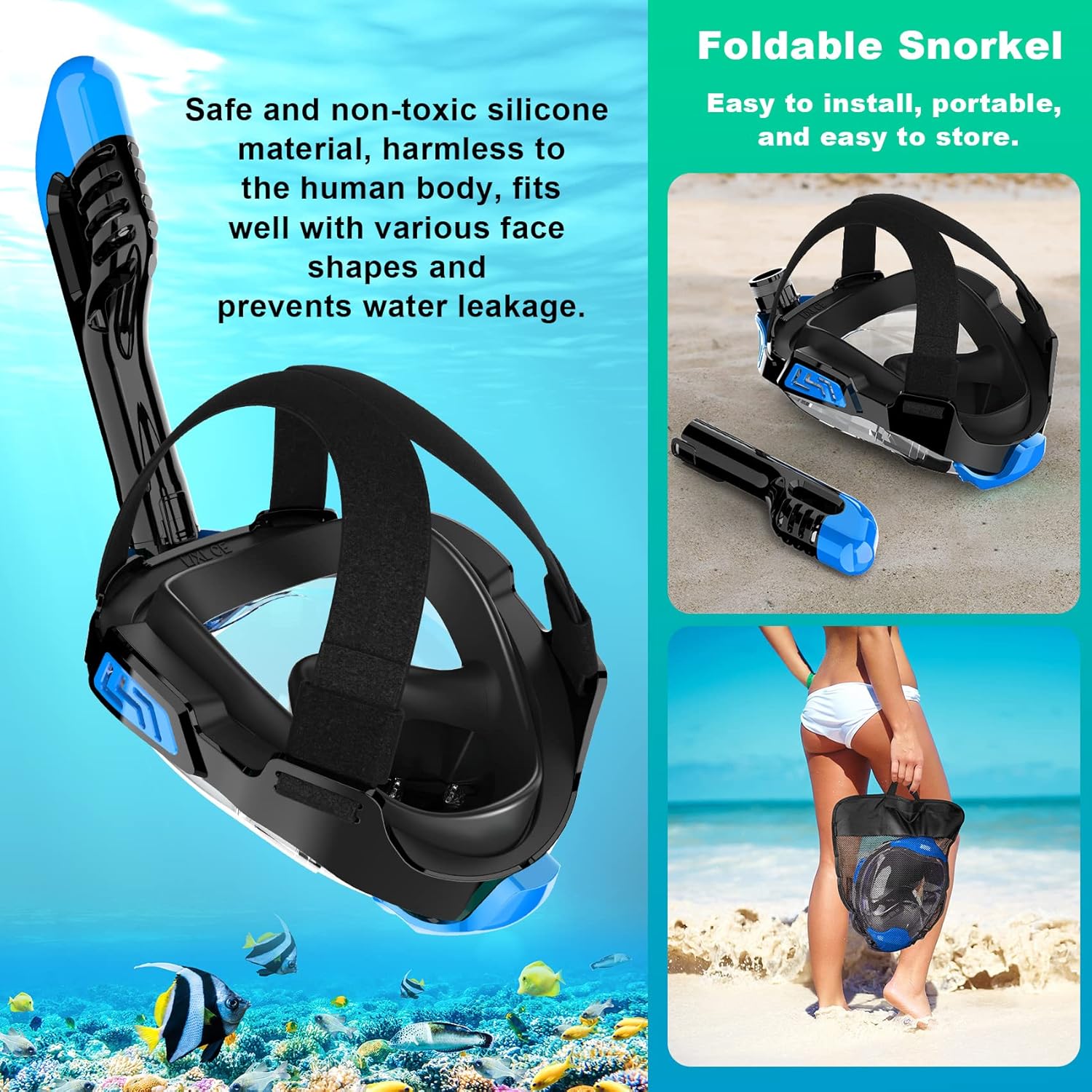 Full Face Snorkel Mask, Snorkeling Gear for Adults Kids with Latest Dry