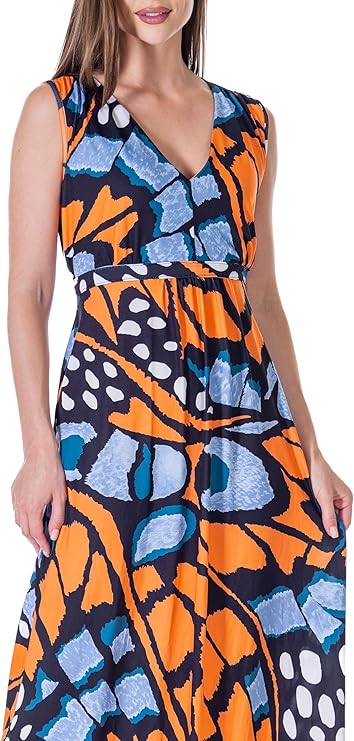 24seven Comfort Womens Orange Butterfly Print V Neck Tie Back Empire Wai