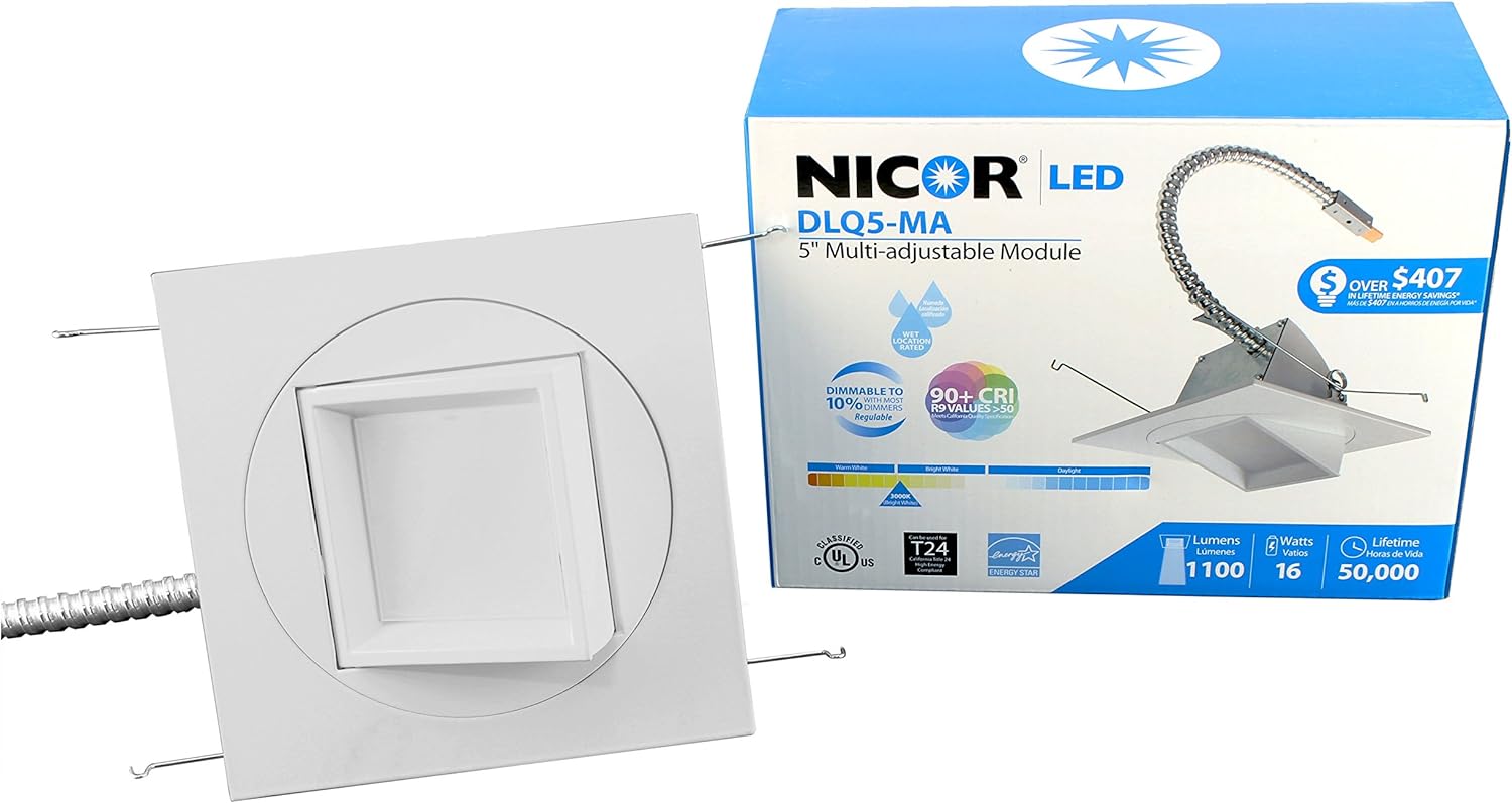 NICOR Lighting 5-Inch Multi-Adjustable Square 3000K LED Downlight Fixture