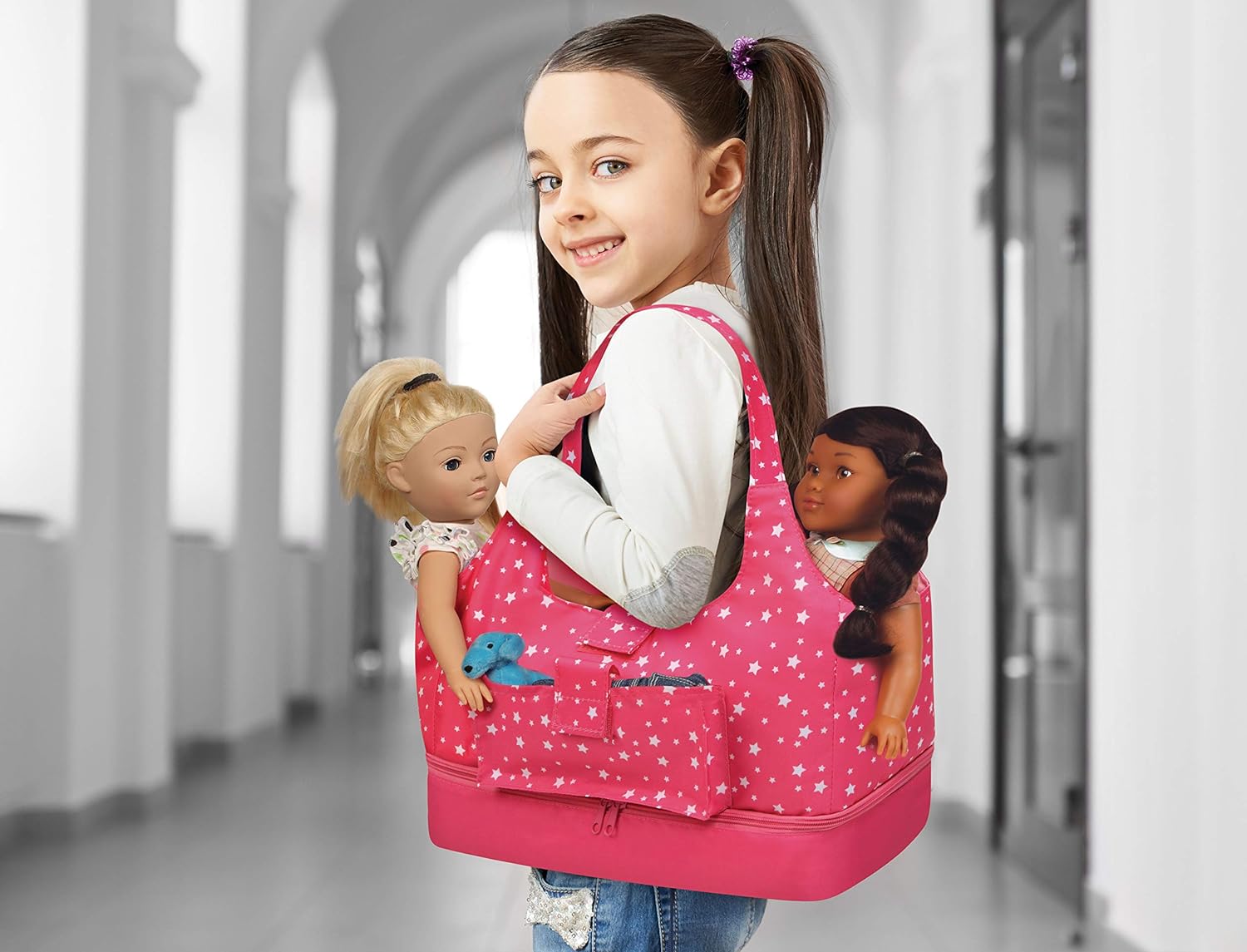 Badger Basket On-The-Go Travel Tote and Storage Bag for 18 inch Dolls - Pink Sta