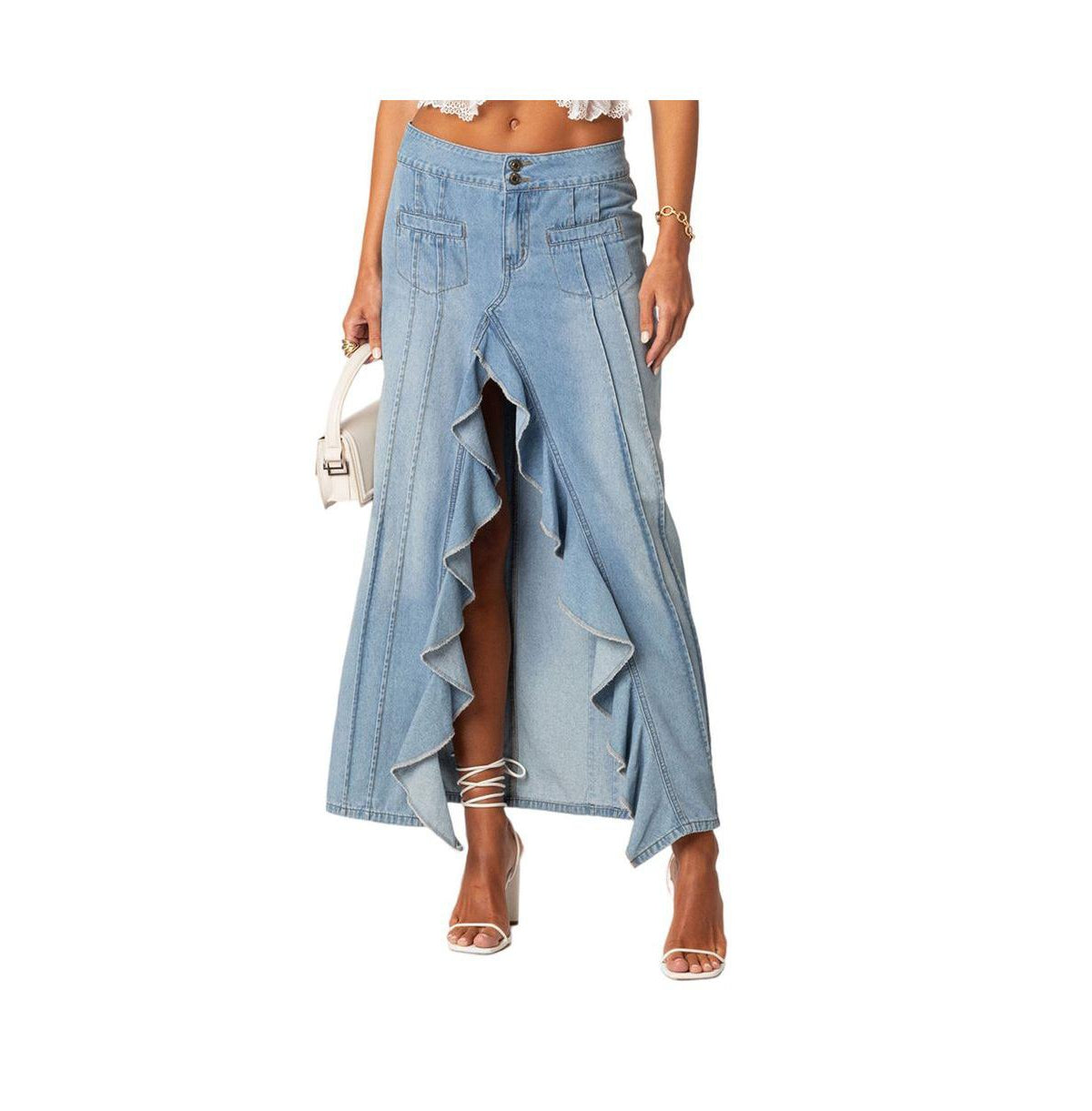EDIKTED Valencia Ruffle Slitted Denim Maxi Skirt, XL