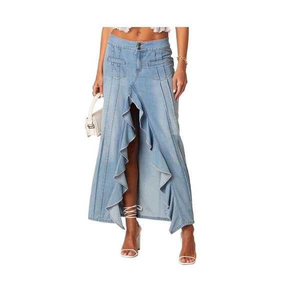 EDIKTED Valencia Ruffle Slitted Denim Maxi Skirt, XL