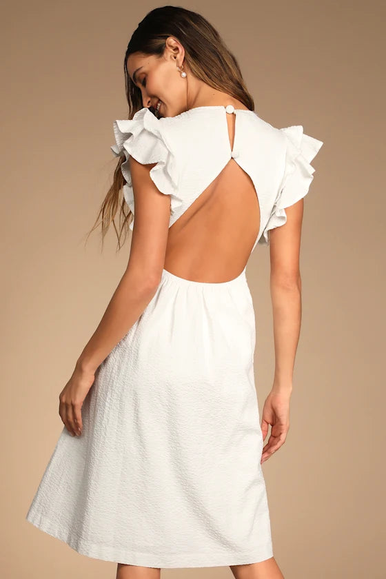 Lulus Dare to Dream White Ruffled Backless Mini Dress, Large