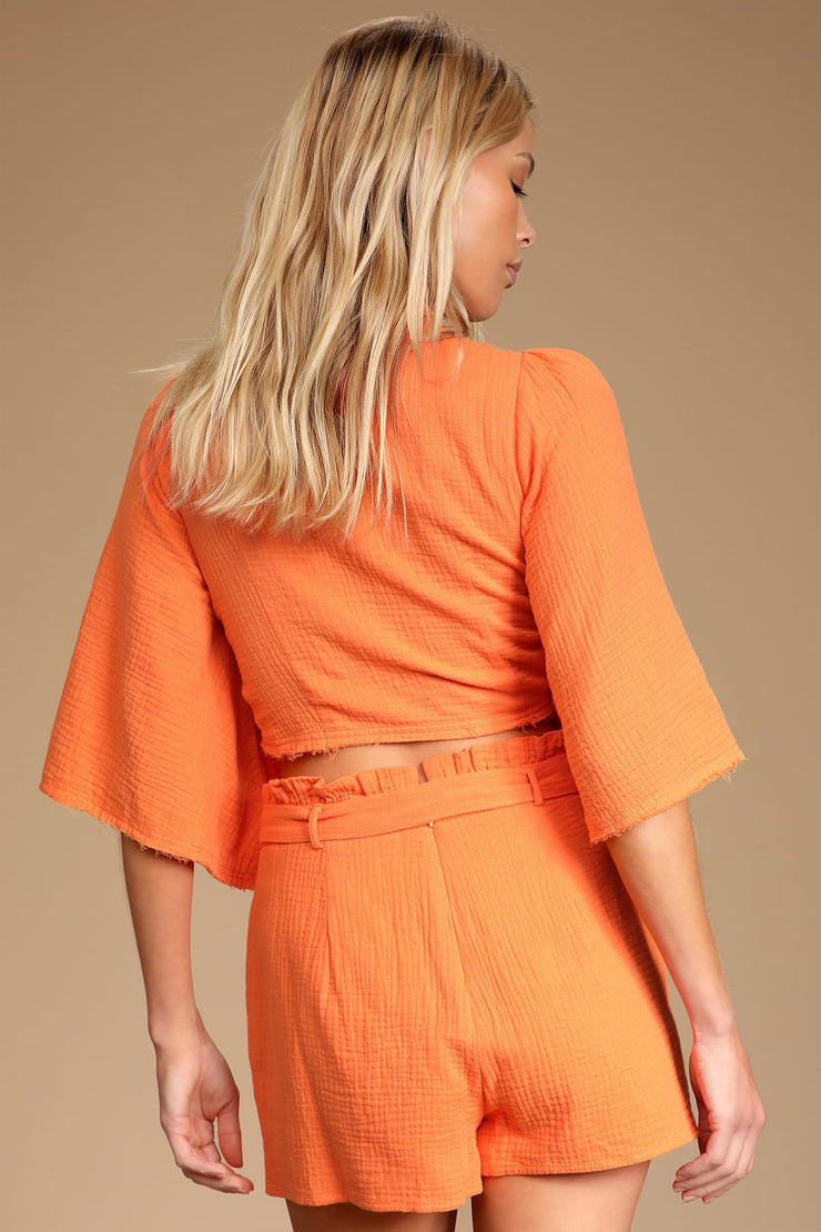 Lulus Friendship Bright Orange Paperbag Waist Shorts, Size Medium
