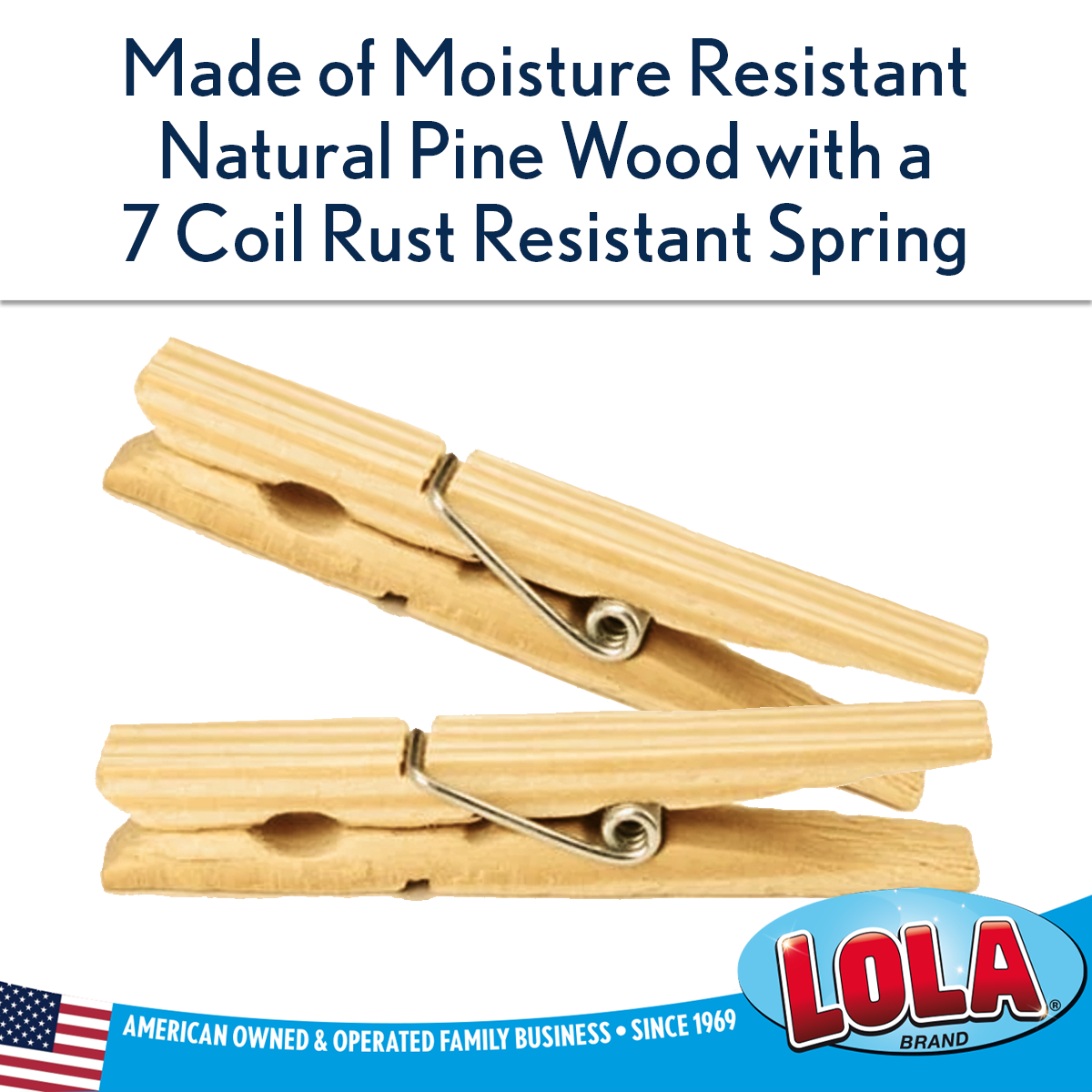 LOLA Wood Spring Clothespins Moisture Resistant Hard Wood Spring Clips - 50ct