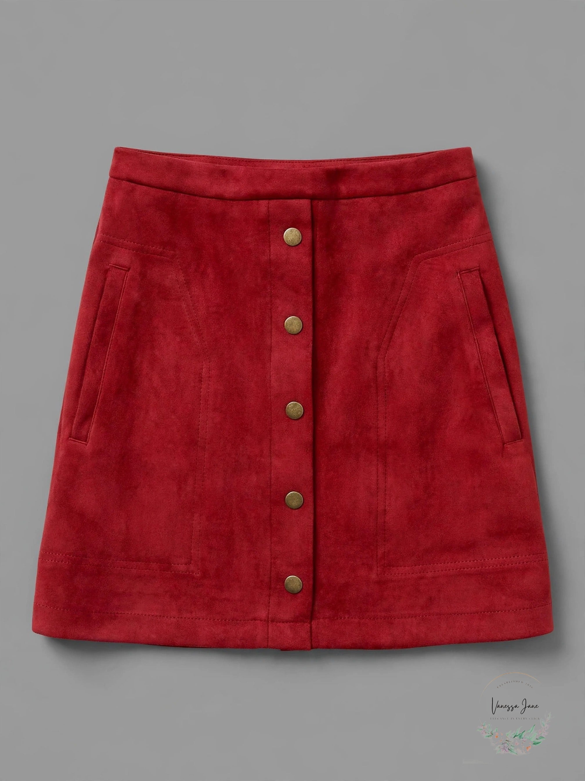 Meyeeka Women's Faux Suede Button-Front Mini Skirt Red Pockets XL
