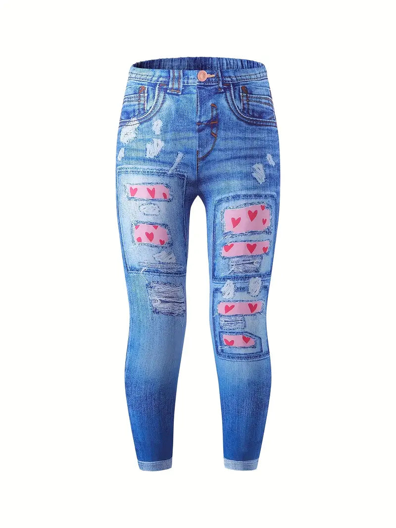 Girls All-Season Skinny Leggings - Chic Denim-Imitation Heart Pattern