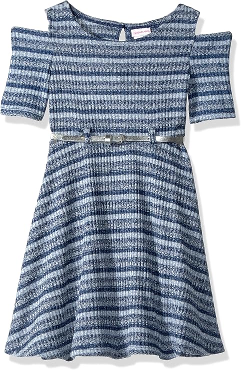 Youngland Girls Cold Shoulder Rib Knit Belted Skater Dress, Blue, Size 6X