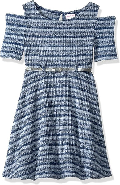 Youngland Girls Cold Shoulder Rib Knit Belted Skater Dress, Blue, Size 6X