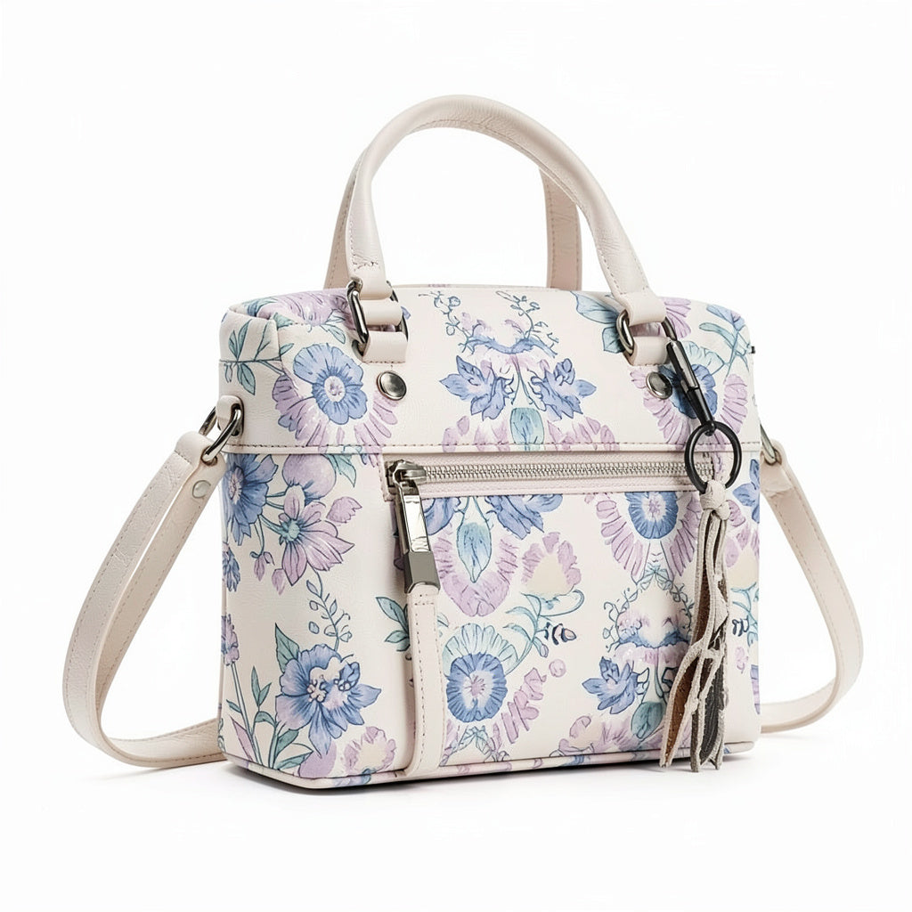 The Sak Alameda Satchel Crossbody Bag Stone Flowing Floral Leather Top Zip
