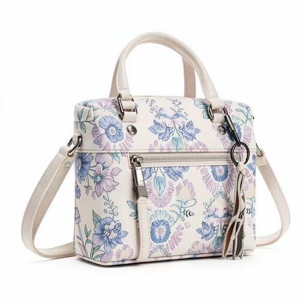 The Sak Alameda Satchel Crossbody Bag Stone Flowing Floral Leather Top Zip