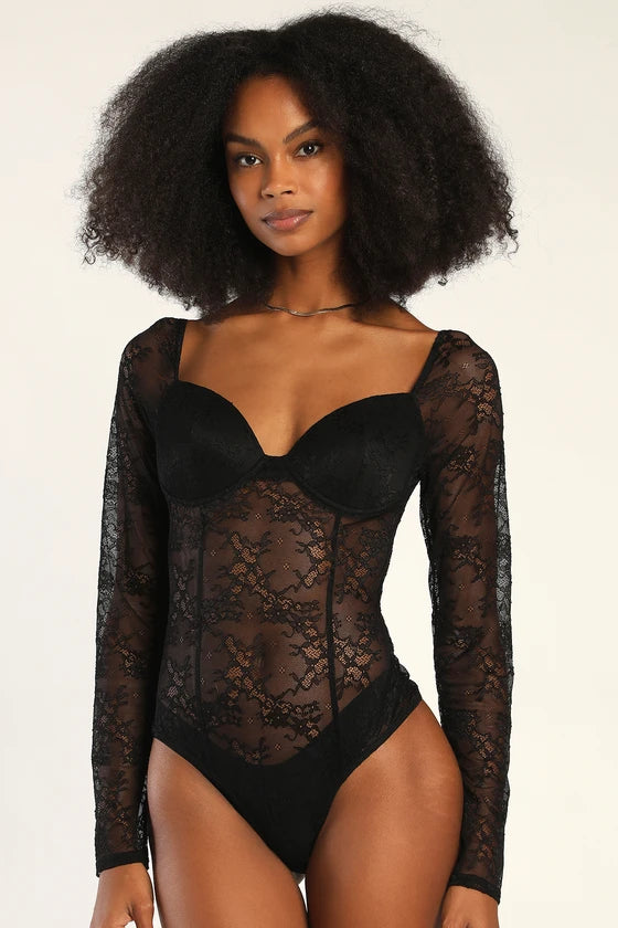 Lulus Tempting Romance Black Lace Long Sleeve Bodysuit, Size Medium