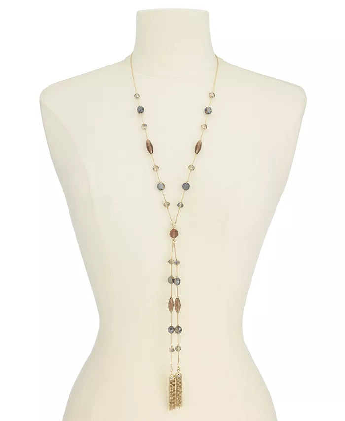 Inc Gold-Tone Crystal, Bead and Chain Tassel Lariat Necklace, 28 + 3 Extender