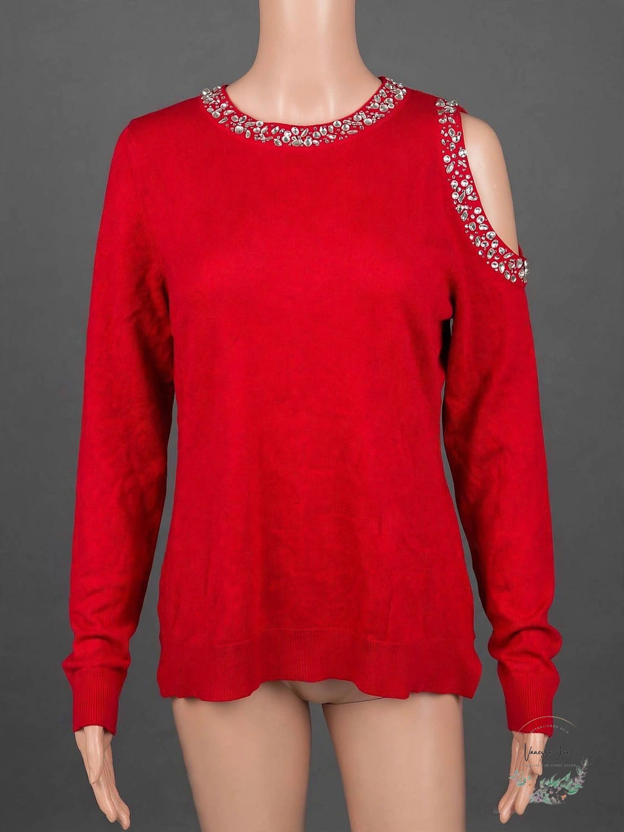 INC Women's Embellished Cold-Shoulder Sweater Red Size M