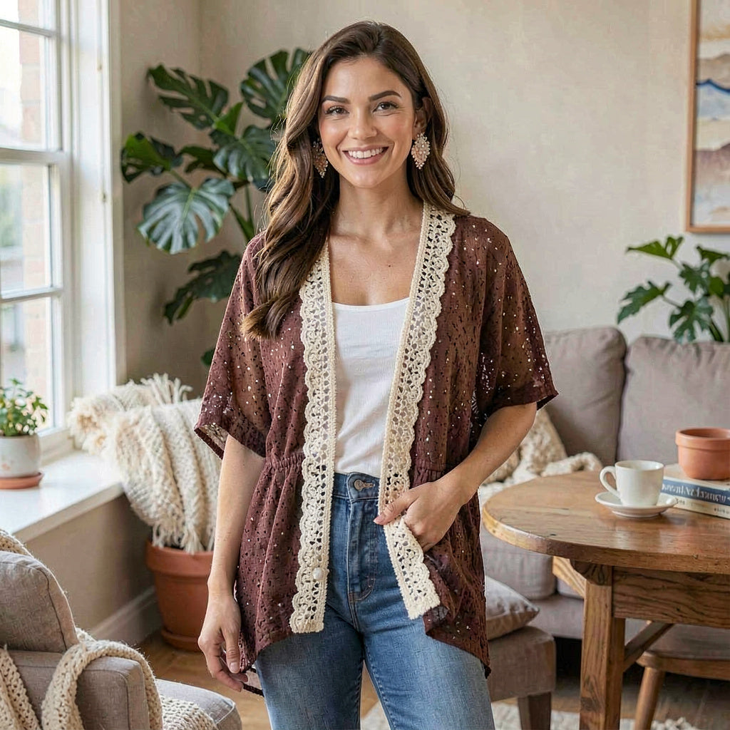 Jolt Crochet Trim Kimono, Size Small